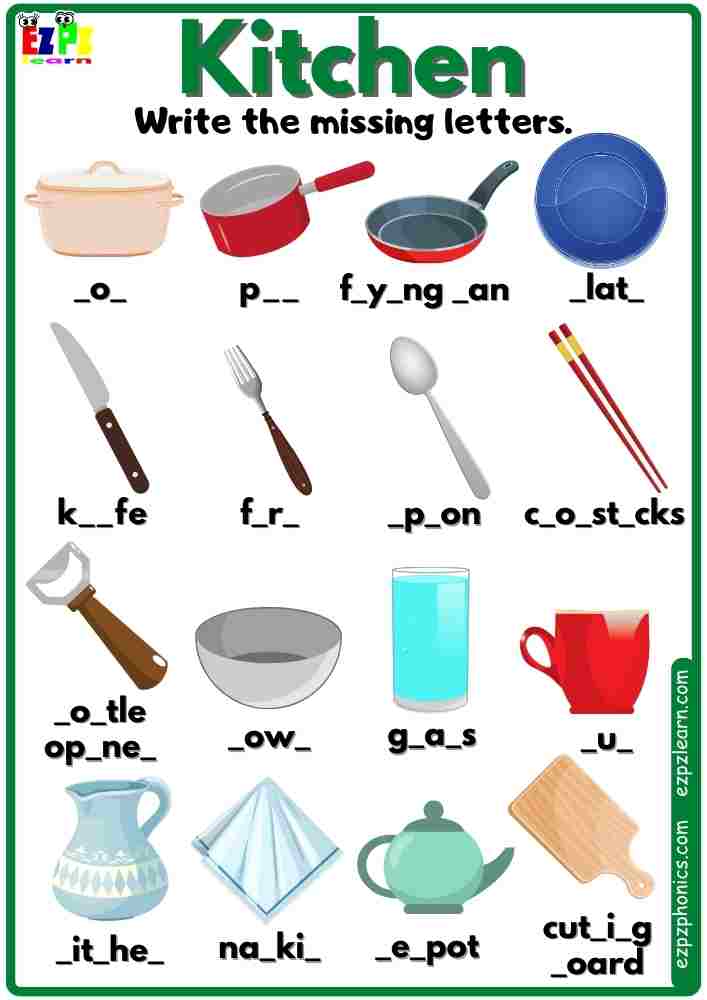 Kitchen Utensils Vocabulary Write the Missing Letters Worksheet